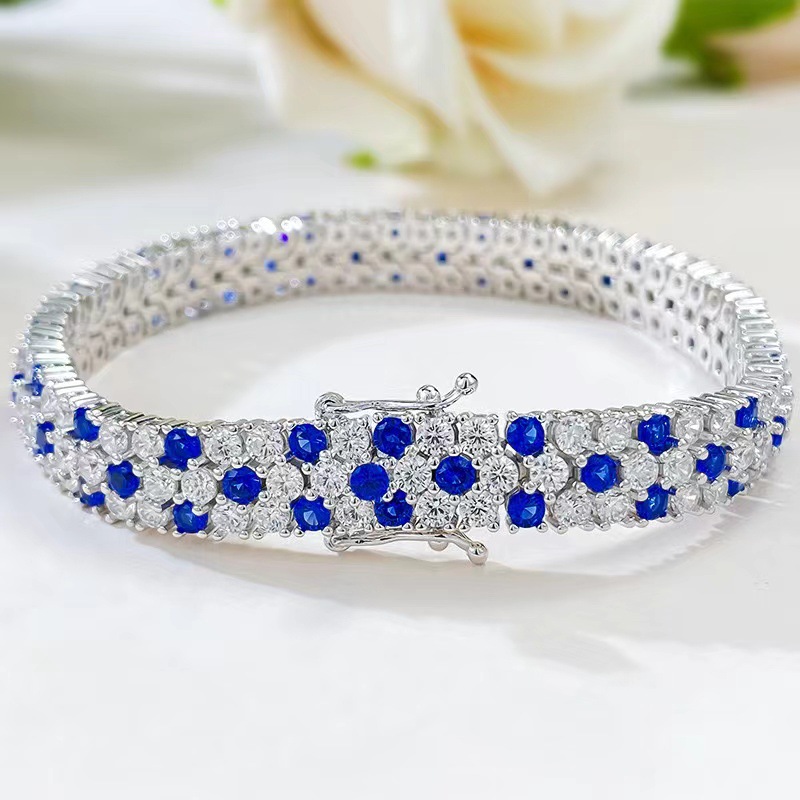Tennis Bracelet Cubic - レディース ダブルロウ ブルーホワイト キュービックジルコニア テニスブレスレット シルバートーン