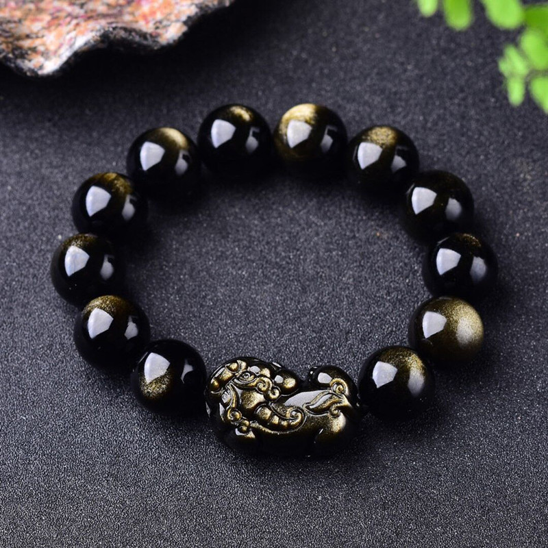 Gemstone Bracelet Healing - 男性と女性のための黒曜石のブレスレット,天然の金の宝石,癒しの宝石,風水,pixiu,高級ジュエリー