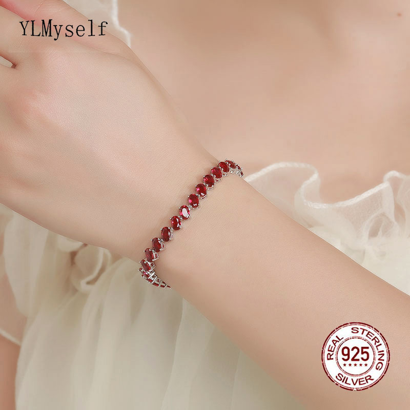 Tennis Bracelet Cubic - ピュアシルバーテニスブレスレット,楕円形チェーン,ルビーと白いキュービックジルコニア,本物の925ファインジュエリー,舗装された4x6mm, 14〜23.5 cm