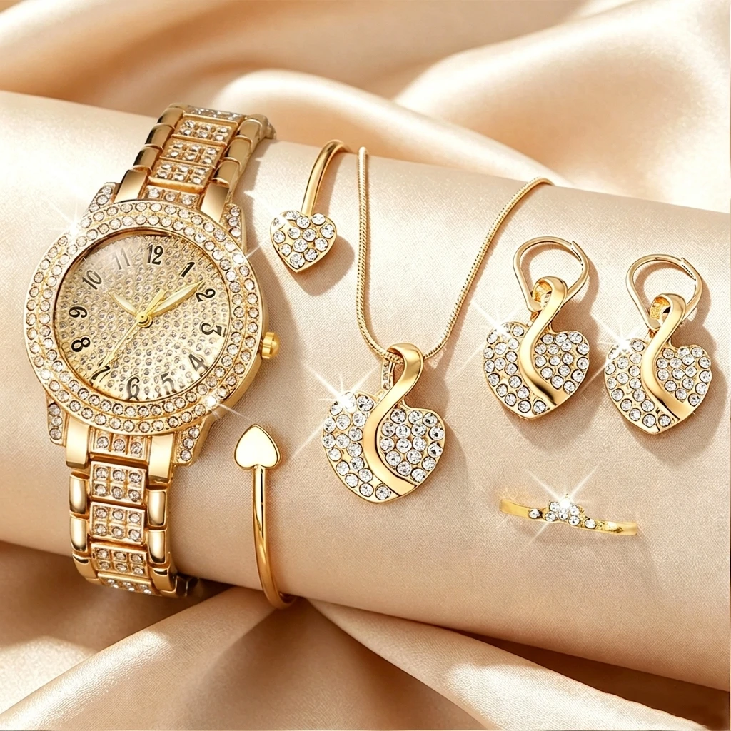 Jewels On Watches - 6 個のファッションラインストーン女性腕時計ハートジュエリーセット高級ブレスレットストラップレディースクォーツ腕時計レロジオ Feminino 時計