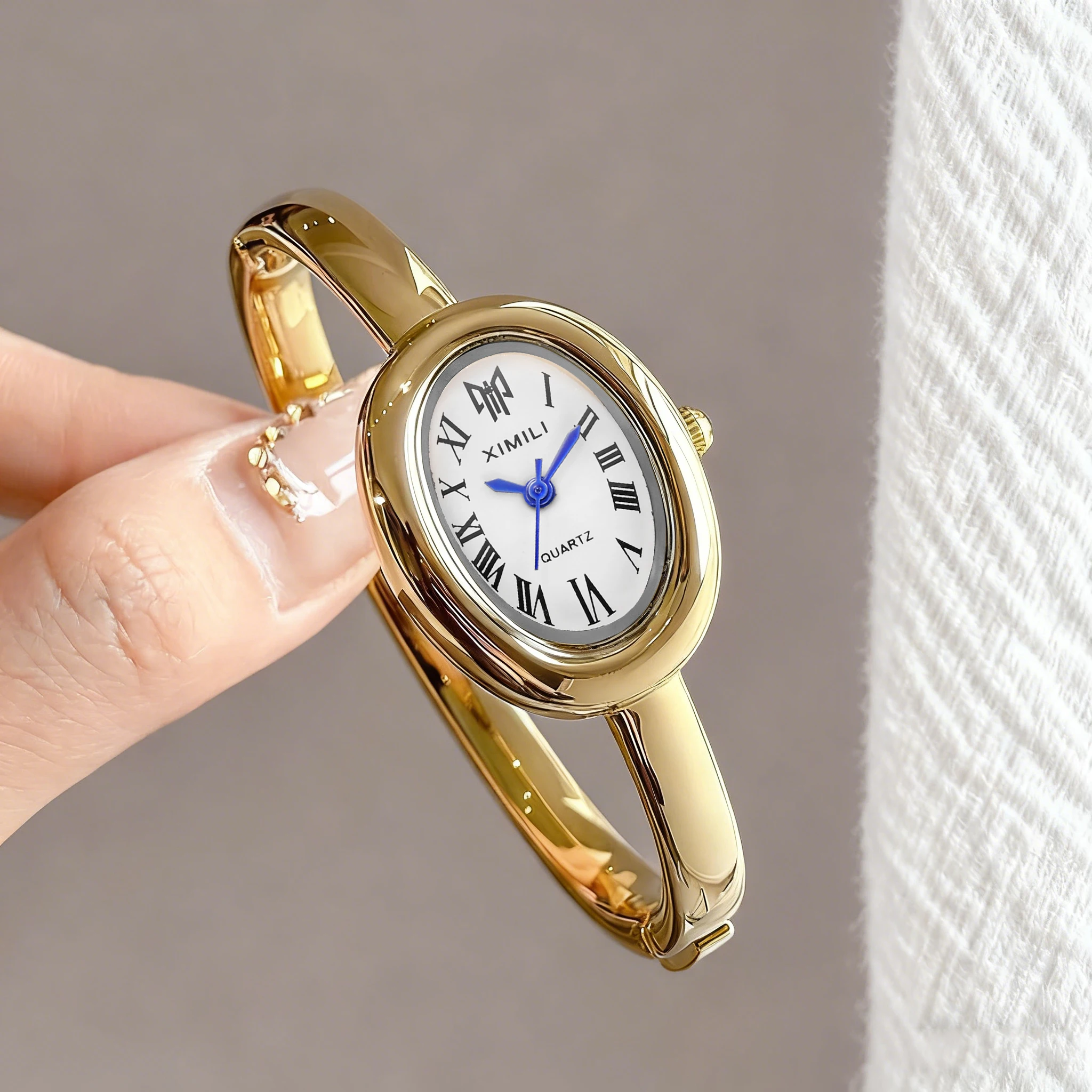 Jewelry Watches Vintage - 2026XIMILI ヴィンテージオーバルバングルウォッチ、女性用、ローマ数字ホワイトダイヤルゴールドオープンカフブレスレットクォーツ腕時計