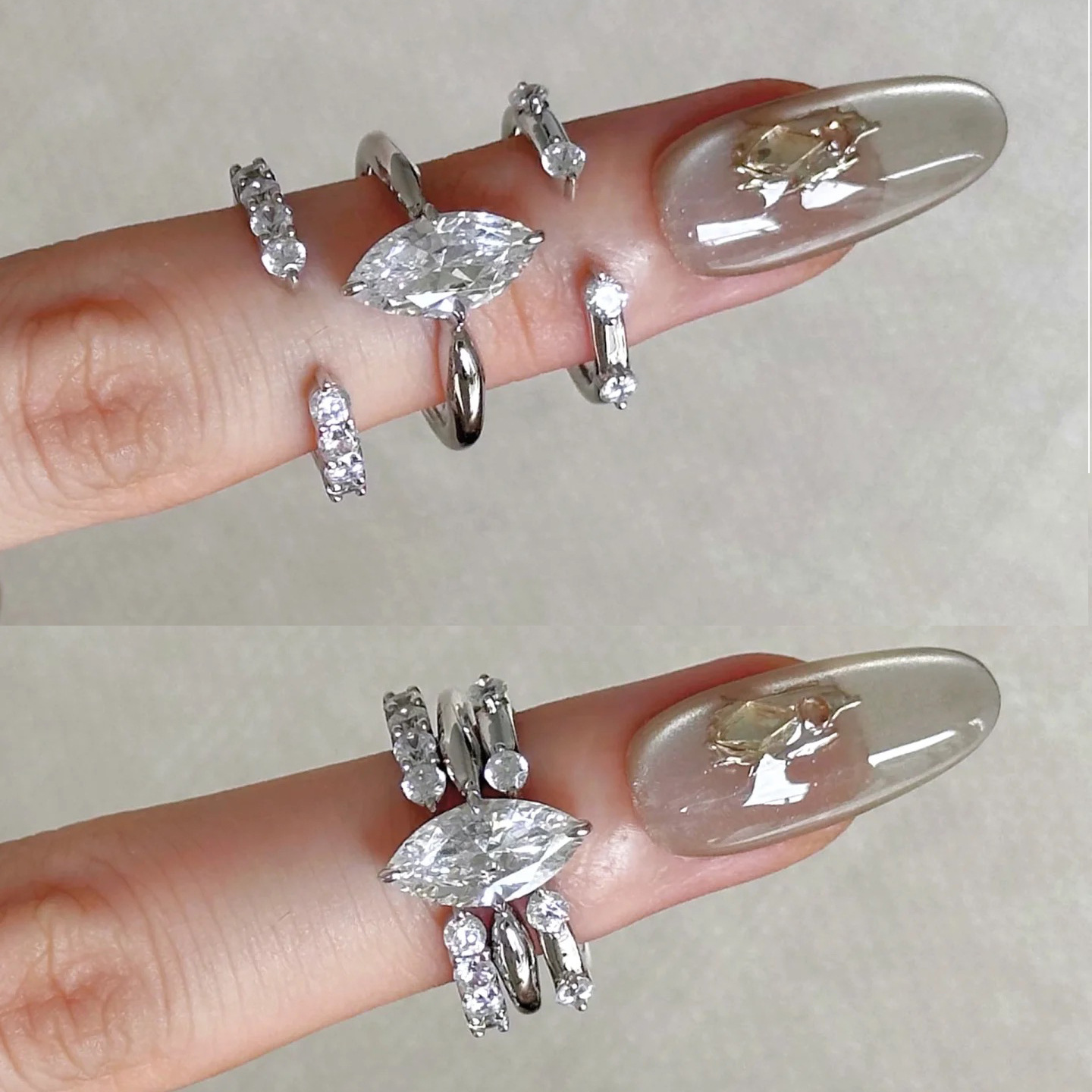 Minimalist Ring Stackable - ミニマリストスタイルの3-in-1スタッカブルS925スターリングシルバーリング、ブライトホースアイジルコン付き、女性用調整可能なオープンリング