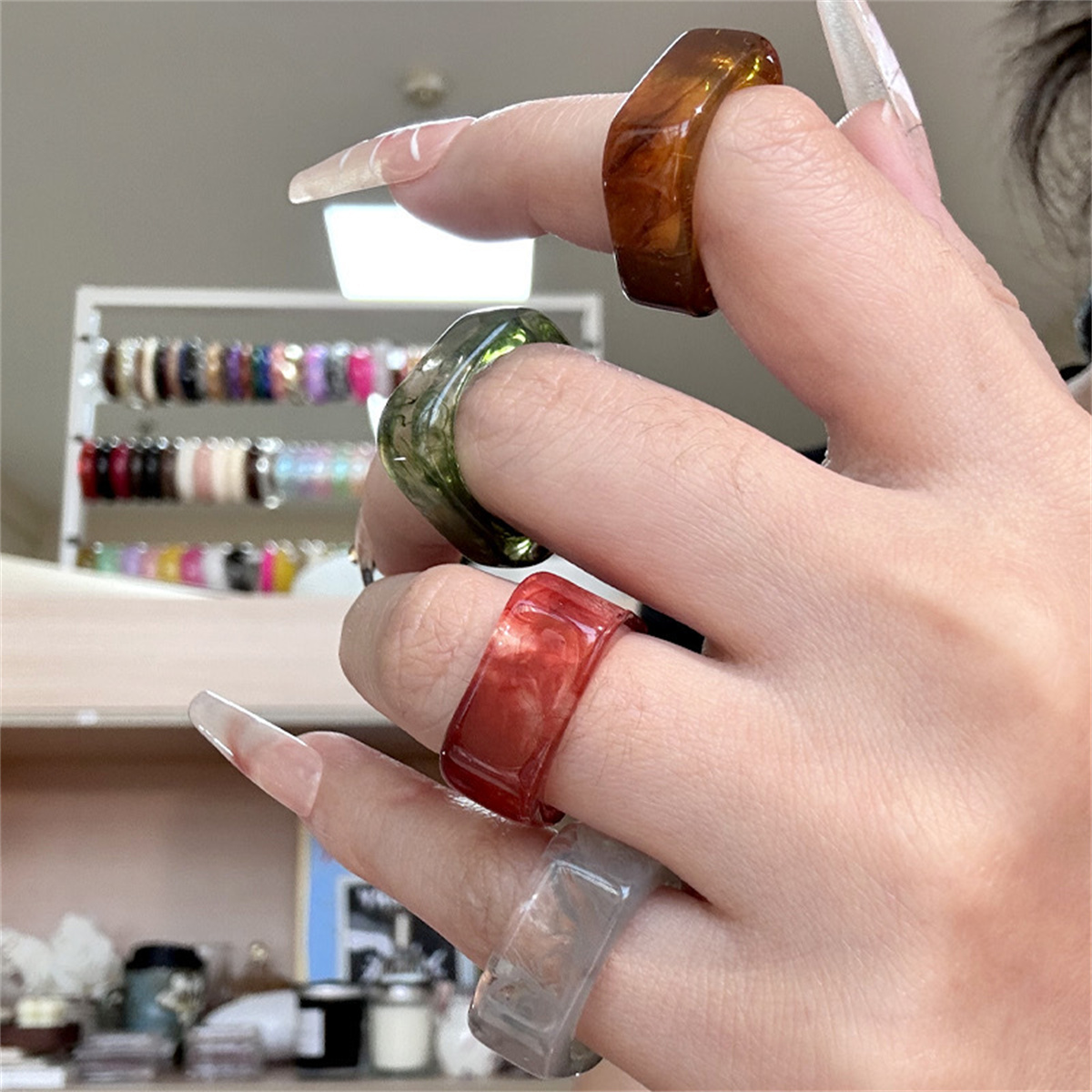 スクエア樹脂リング美的アクリルリング女性かわいいスタッカブル - Minimalist Ring Stackable のレビューと価格